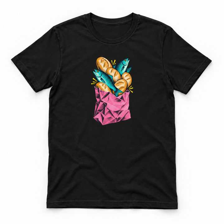 Five Loaves Two Fish Christian t-shirt in Black, flat lay