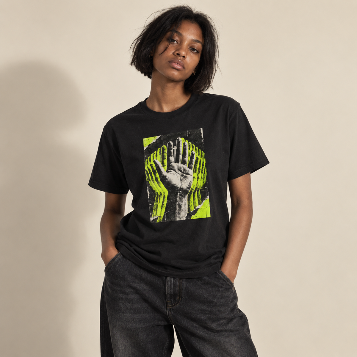 Christian Streetwear Cross t-shirt in Black, worn, waist-up