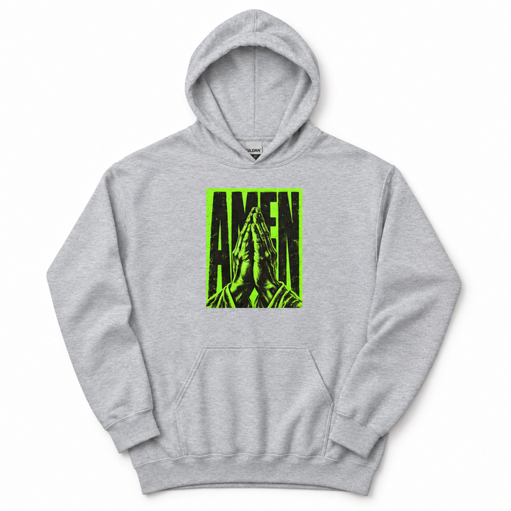 Amen Praying Hands Christian hoodie in Sport Grey, flat lay
