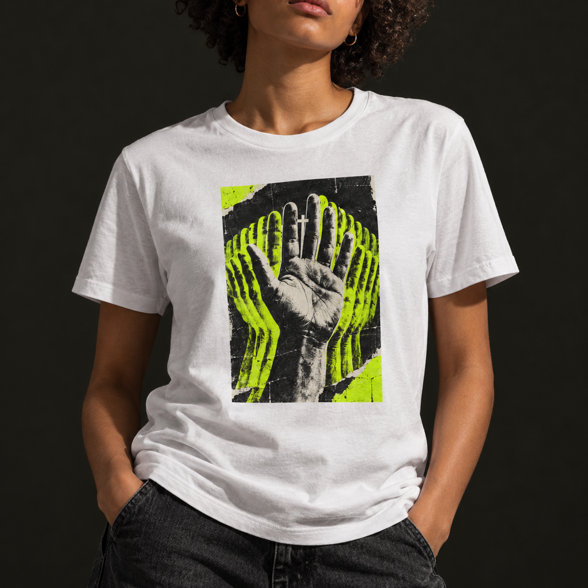Christian Streetwear Cross t-shirt in White, worn, waist-up