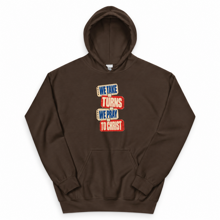 Prayer Together Christian hoodie in Dark Chocolate, flat lay