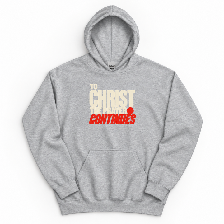Prayer Continues Christian hoodie in Sport Grey, flat lay
