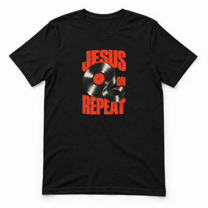 Jesus On Repeat Christian t-shirt in Black, flat lay